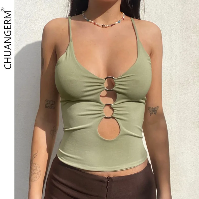 

CHUANGERM Solid Casual Sleeveless Cami Top Women Push Up Backless Hollow Out Sexy Crop Tops Tees Fashion Fitness Camisole