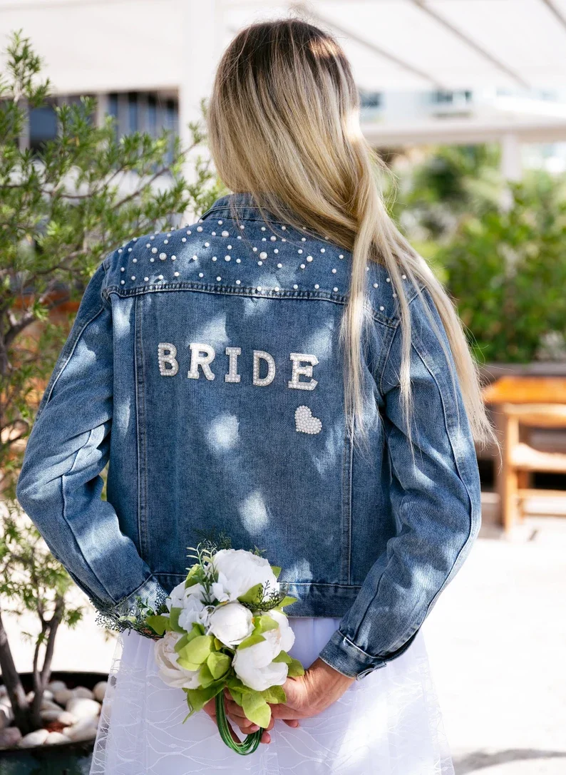 BRIDE Rhinestone Custom Bridal Denim Jacket Future Mrs Wedding Jackets Wifey Name Pearl Detailing Personalized Bridal Party Coat