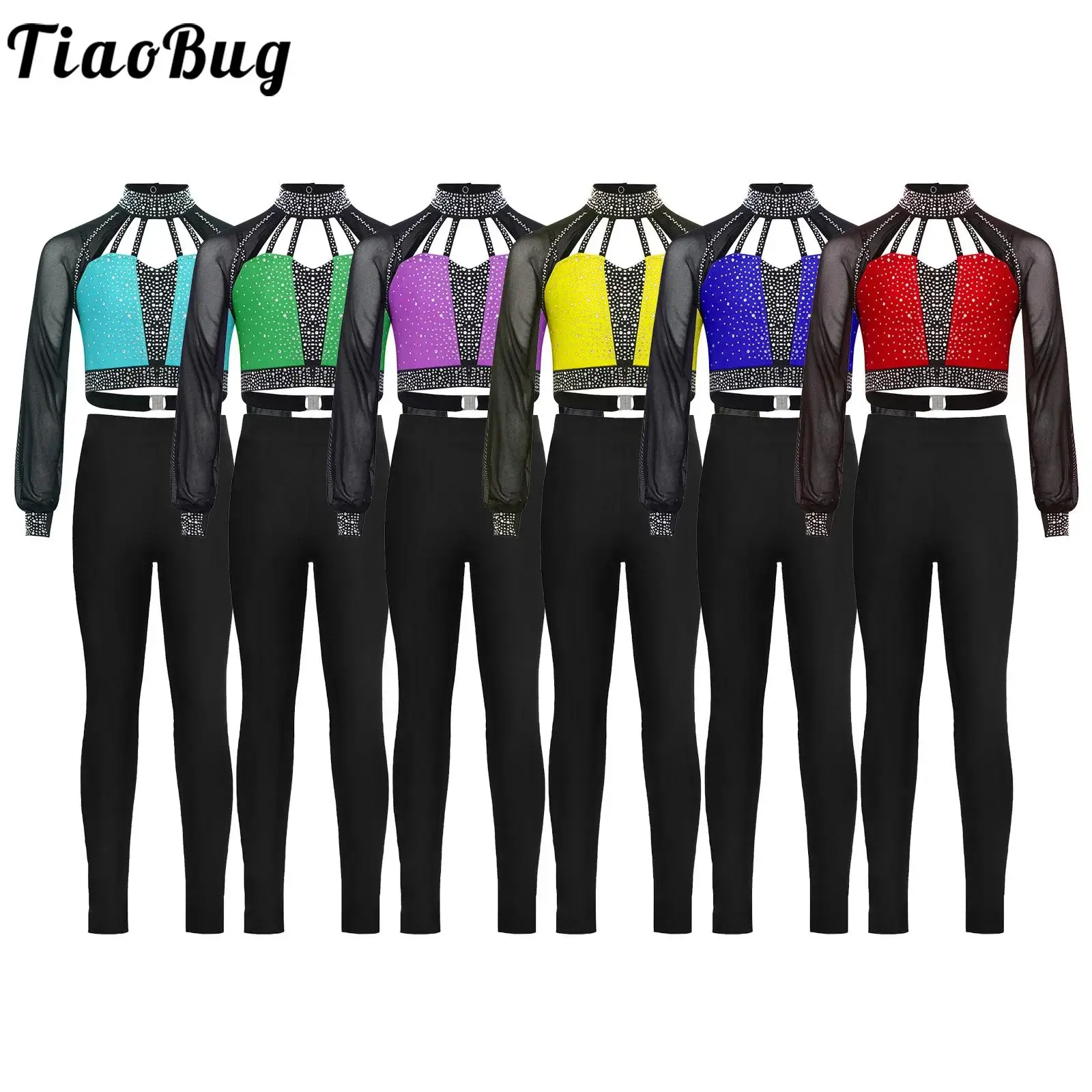 

Kid Girls Gymnastics Dance Figure Skating Costume Outfits Sheer Mesh Long Sleeves Cutout Back Rhinestones Crop Top with Leggings