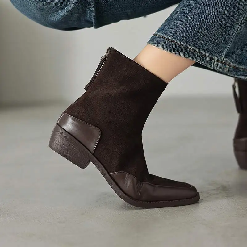 Krazing Pot New Vintage Cow Suede Square Toe Med Heels Chelsea Boots Keep Warm Winter Shoes Brand Patch Work Concise Ankle Boots