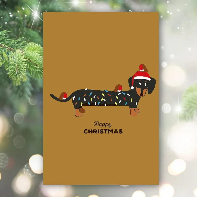 1pc, Happy Christmas Time Card, Merry and Bright Christmas Card, December Christmas Card, Funny Dachshund Christmas Card