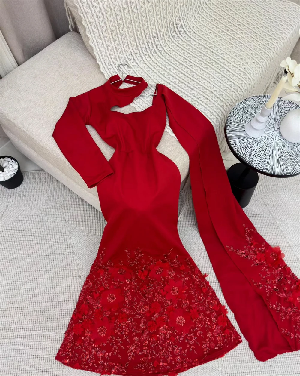 Customized Evening Dress Classic Red Jersey High Collar One Shoulder Long Sleeves Mermaid Appliques Beading Party Dresses