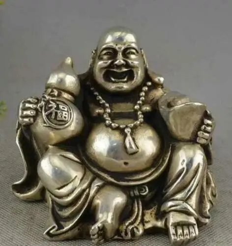 

Chinese Buddhism Miao Silver Gourd Yuanbao Happy Laugh Maitreya Buddha Statue