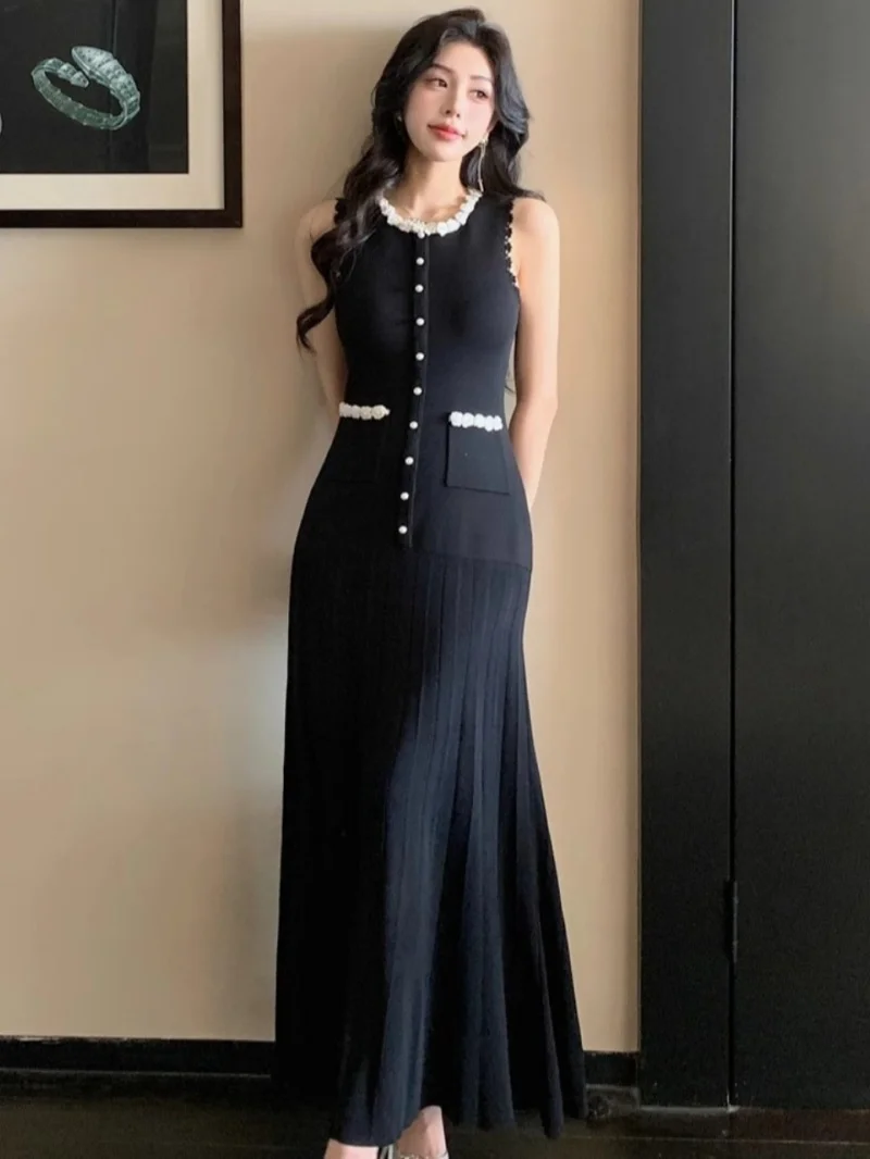 Elegant Colorblock Knitting Dress Summer Clothing Women 2026 Sleeveless O-Neck Maxi Long Dresses OL Style Knitted A-Line Dress