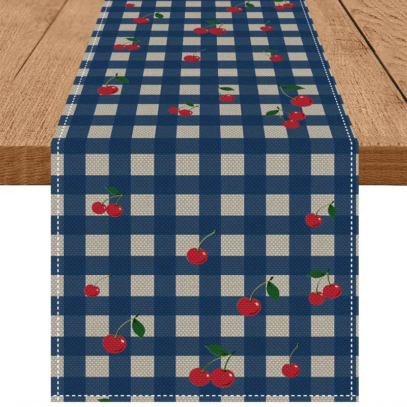 Stylish Checkered Table Runner Navy Blue & White Base + Red Cherries  Holiday Kitchen, Family Gatherings & Festive Dining Decor