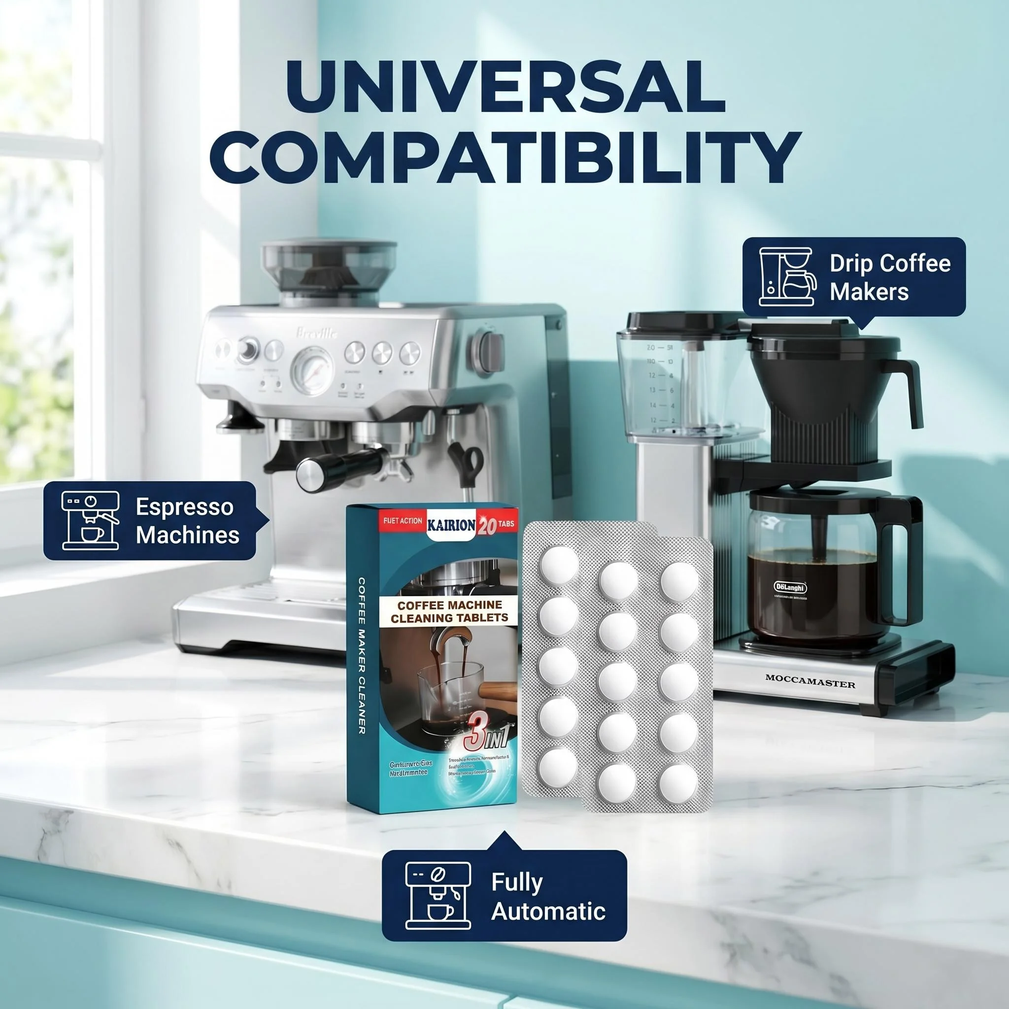 20-piece coffee machine cleaning tablet set, 3-in-1 function, removes scale and grease, cleans brewing heads, suitable for various coffee machine models