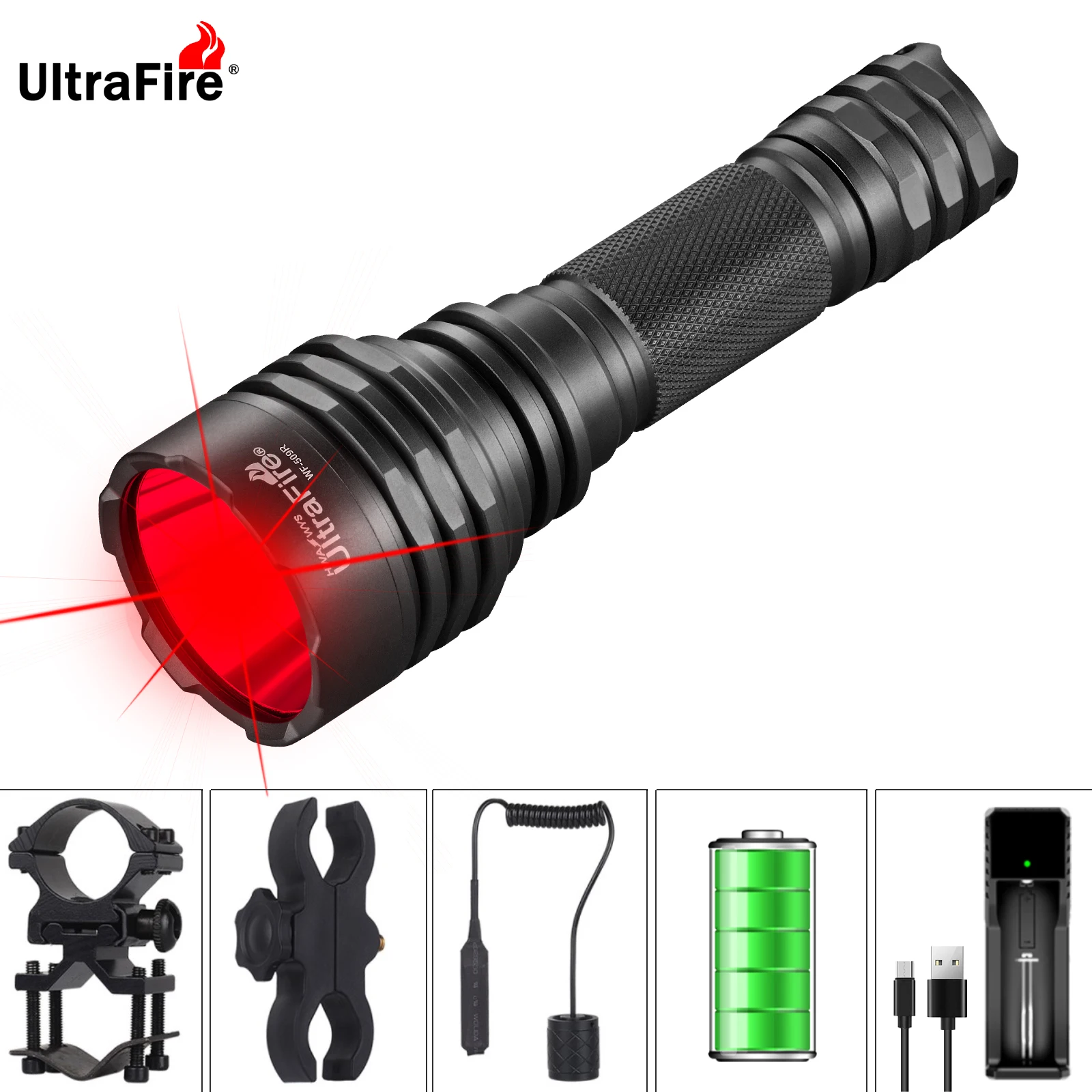 UltraFire WF-509R Red Hunting Flashlight Super Bright Red Predator Handheld LED Torch Light 18650 Hog Tactical Night Scout Light