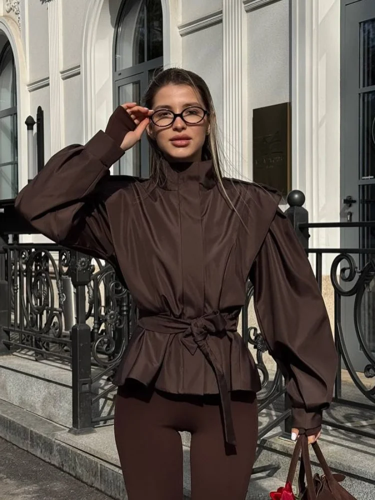 Chaqueta lisa con cordones y solapa para mujer, abrigos informales de manga larga con hombros anchos y cintura elástica, prendas de vestir para ir al trabajo en la oficina, otoño 2025