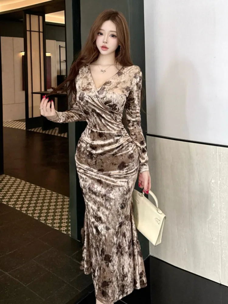 

Ретро Ele Velvet Long Sve V-Ne Dr Утягивающая длинная юбка с высокой талией Fi Tail Осень Зима Faion Sexy Ci Commute