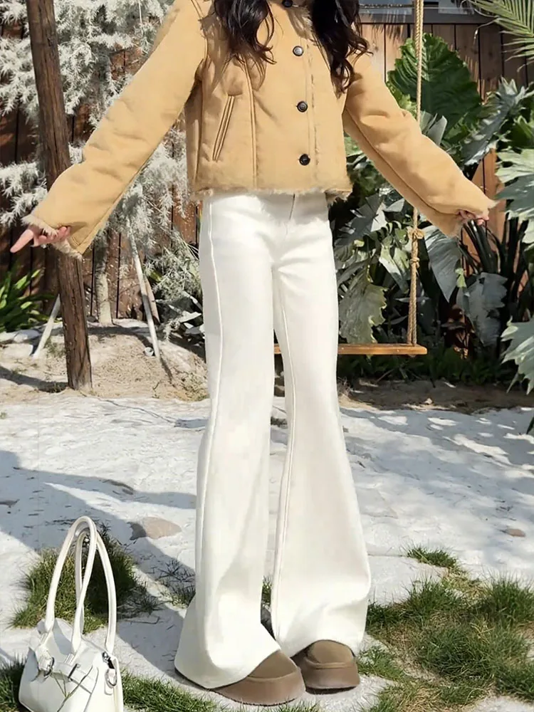 High Waist Flared Jeans Women's Fce Lined Loose Fit plus Size Slimming Hip Covering Elastic Bell Bot Casual Jeans