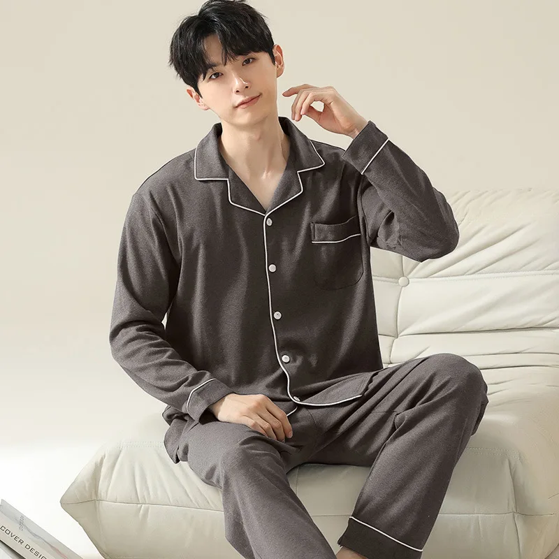 

Sleepwear Summer Pajamas Sets Man Pure Cotton Pajamas for Men Long-sleeved Home Wear Set Simple Casual Outdoor Suit