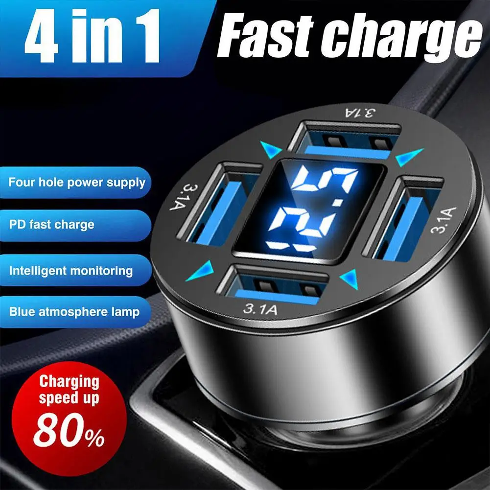 

4-Port Blue Light Fast Car Charger QC 3.0 Quick Charge Adapter Charger LED Sturdy Power Digital Adapter Car Display L0R9