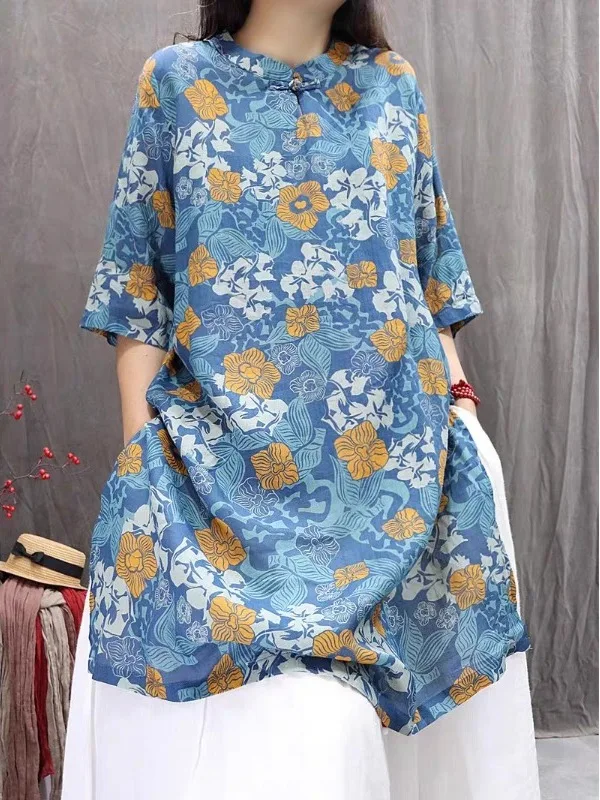 

Chinese Style Vintage Loose Fit Linen Print Shirt Women's Summer Lightweight Breathable Midi Sleeve Top Commute Fashion