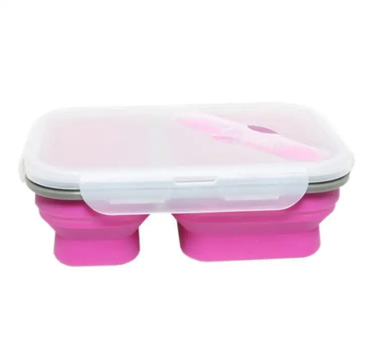 Collapsible Silicone Lunchbox Bento Folding Portable Bento Box with Fork 3 Grids Microwave Dinnerware Tools Wholesale