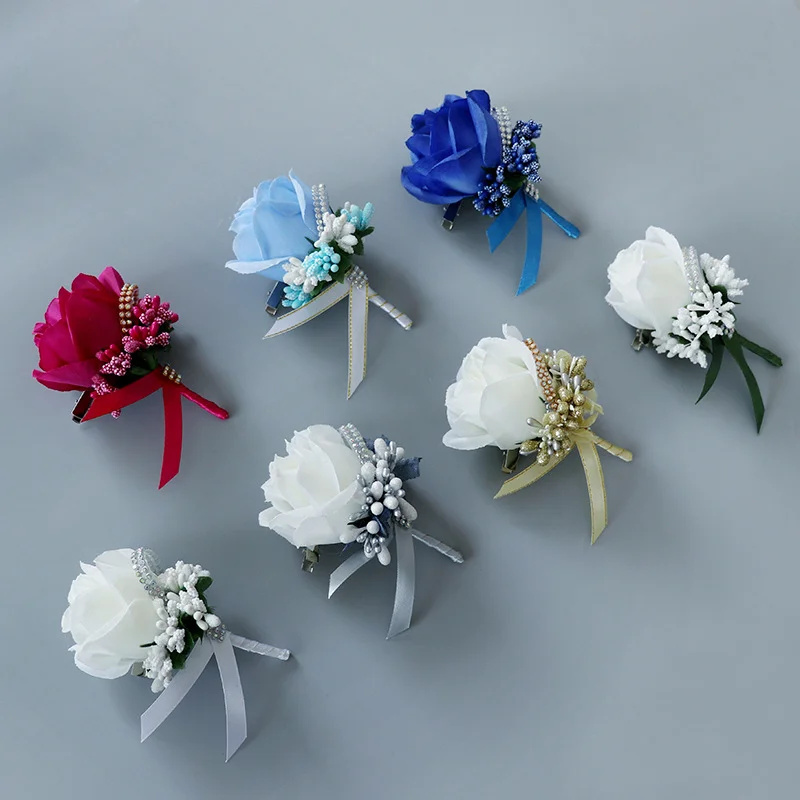 ผู้ชาย Boutonniere Buttonhole Rose เข็มกลัดเจ้าสาวงานแต่งงานสร้อยข้อมือ Corsage ข้อมือเจ้าบ่าวพิธีดอกไม้การประชุมอุปกรณ์เสริม