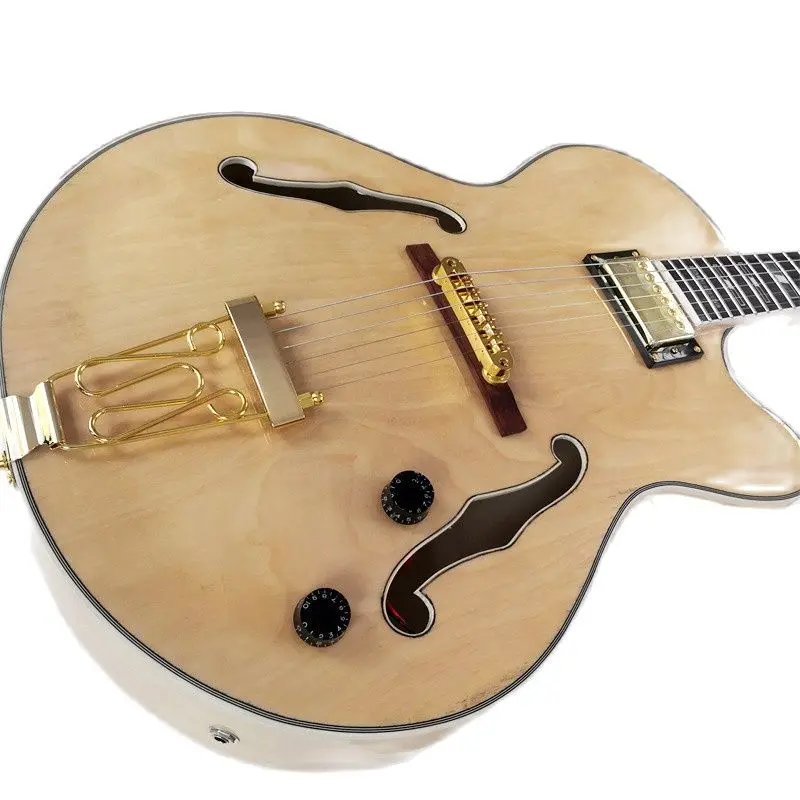 Maple Hollow Electric Guitar in Wood Color, Double F Hole, Gold Accessories, Rose Wood String Bridge, Can Be Customized