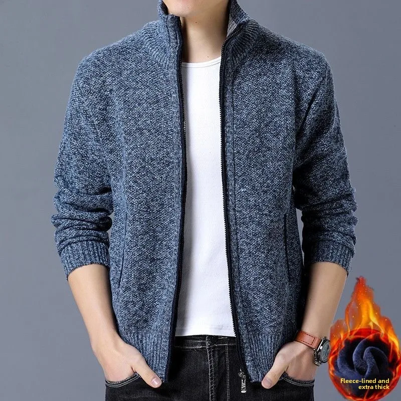 

Мужской трикотажный свитер на подкладке Thiened Jaet, осенне-зимняя верхняя одежда, свободный вязаный свитер большого размера с воротником-стойкой, открытый кардиган