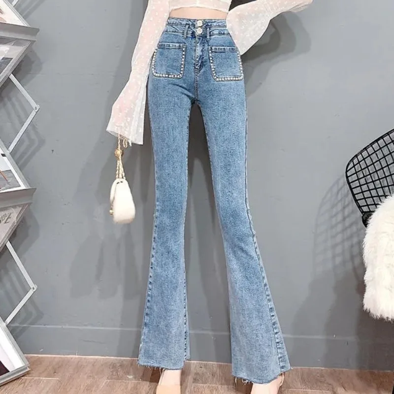 

Streetwear High Waist Vaqueros Chic Jeansy Pantalones Korean Elegant Pearl Slim Flare Jeans Women Casual Stretch Denim Pants