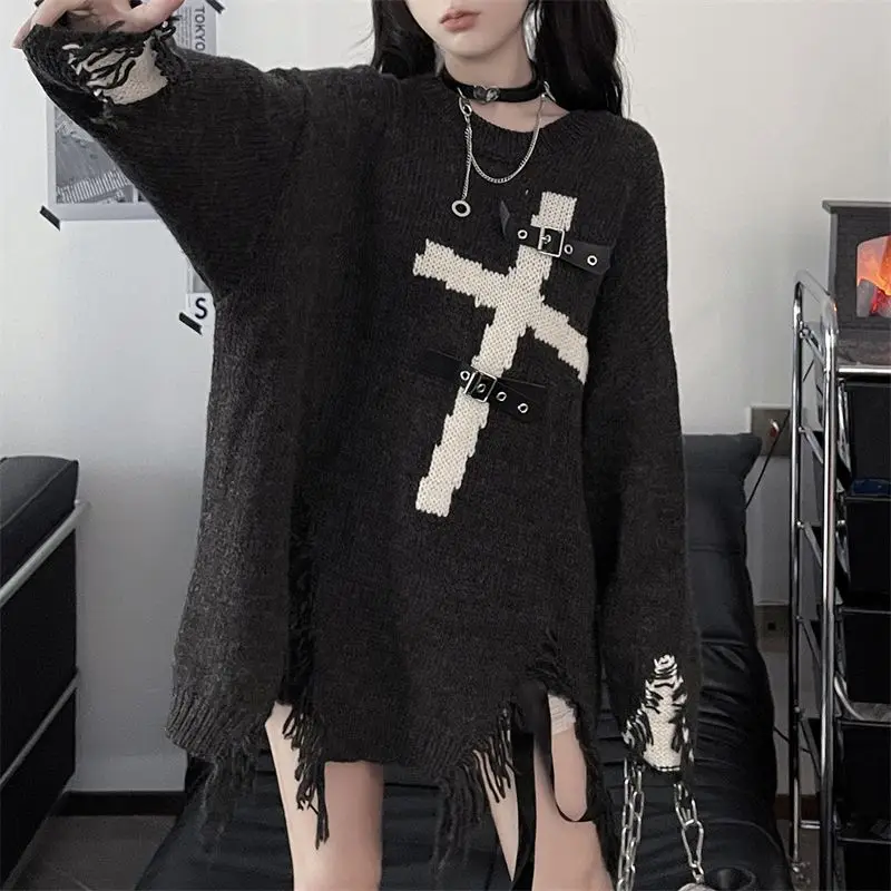 Deeptown Y2k Gothic Black Sweater Women Cross Harajuku Japanese Fashion Knit Pullovers Oversized Irregular Jumper Grunge Winter