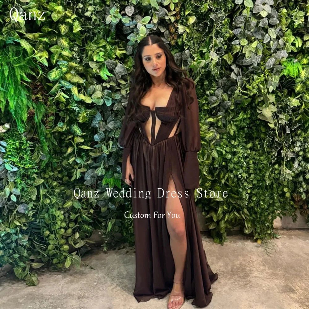 

Qanz Brown Graceful Chiffon Party Dresses Women High Slit Long Sleeves Evening Dresses Corset Back Vestido De Gala Customized