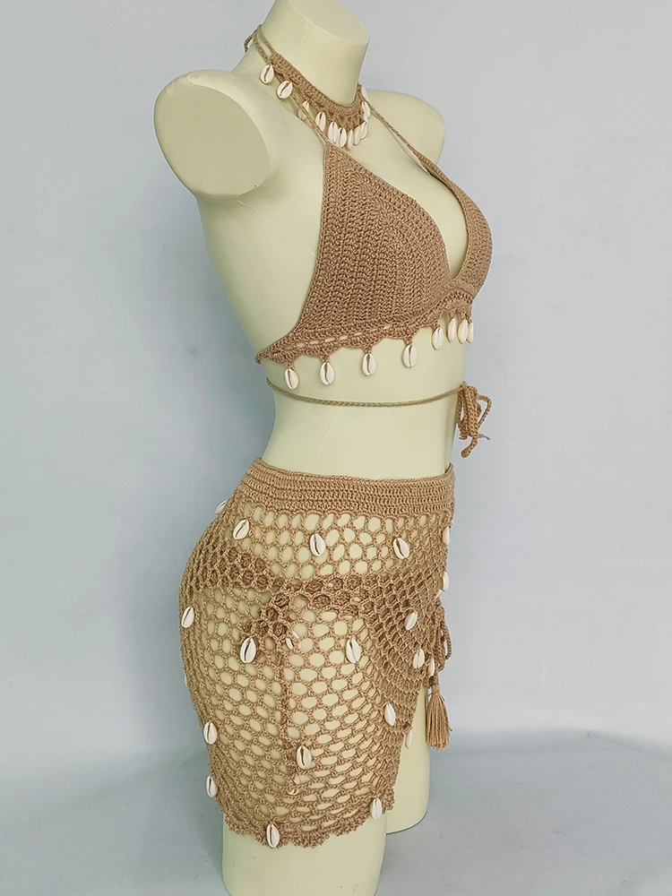 Kobieta Bikini Set szydełka Shell Tassel seksowny Top stringi dolna część przezroczysty drążą bandaż wysokiej talii krótka spódnica na plażę