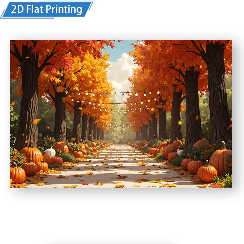 [2D شقة] 1 قطعة 4x16 بوصة علامة معدنية الخريف الغابات مسار اليقطين المشهد 2D الطباعة المسطحة المعادن جدار ديكور فني