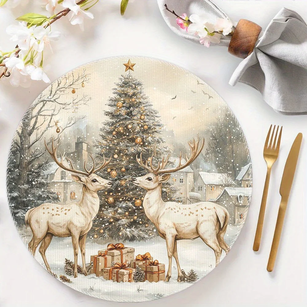 VIKAMA 4PC Schnee Hirsch Weihnachten Mahlzeit Matte Schnee Weihnachtsbaum Urlaub Zuhause Bankett Restaurant Desktop Dekoration und Zubehör