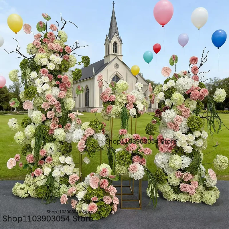 Rosa-grünes künstliches Blumenarrangement, luxuriöse Hochzeitsdekoration für den Gang, Säulen-Blumendeko, Hotel-Bankett, europäisches Tischblumen-Centerpiece – Detail 1