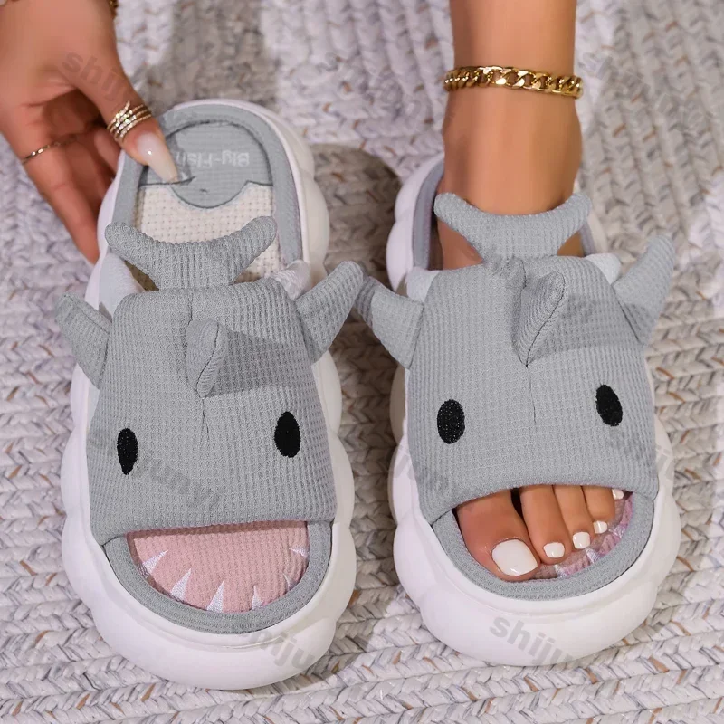 

Women Cartoon Shark Cotton Hemp Slippers Female Platform Soft Sole Anti-slip Home Slides Couples Lightweight Indoor Cozy Shoes