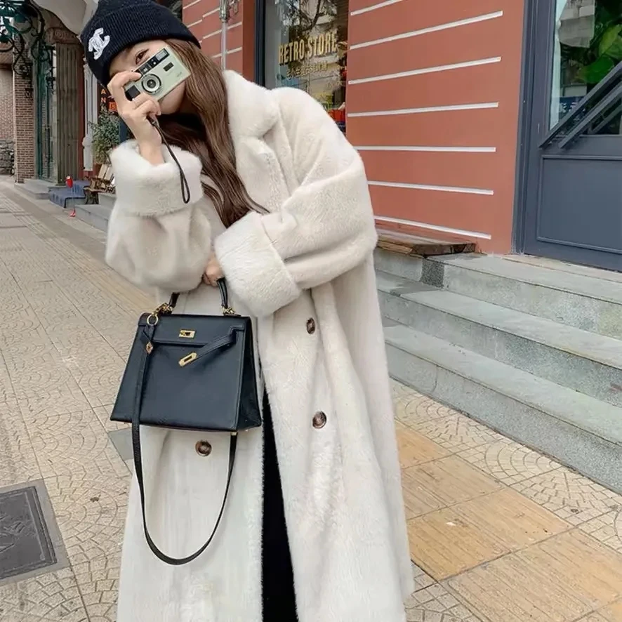 Suit collar Long Coat 2025 Autumn/winter Women's Iimitation rabbit fur Thick Warm Temperament Environmentally Friendly Fur Coats