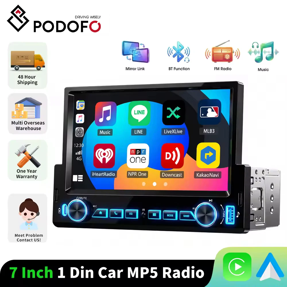 Podofo 1 Din 7-calowy Bezprzewodowy/Przewodowy Odtwarzacz Samochodowy MP5 z CarPlay, FM, Mirror Link, BT, Radio Samochodowe MP5 z AUX, EQ, Audio Stereo