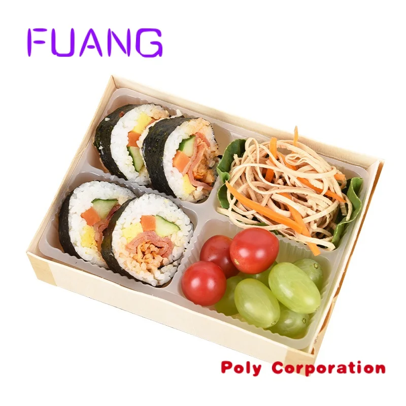 Custom  Biodegradable Wholesale Wooden Japanese Takeaway Food Packaging 4 Compartment Disposable Tiffin Bento Lunch Meal Box