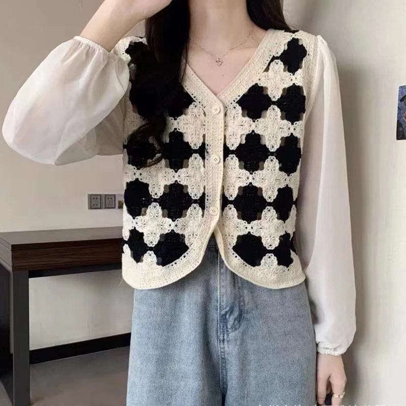

Women Embroidered Crochet Top Button Down Puff Sleeve Cardigan Sheer Openwork Knit Blouse Spring Summer Boho Vintage Outfit