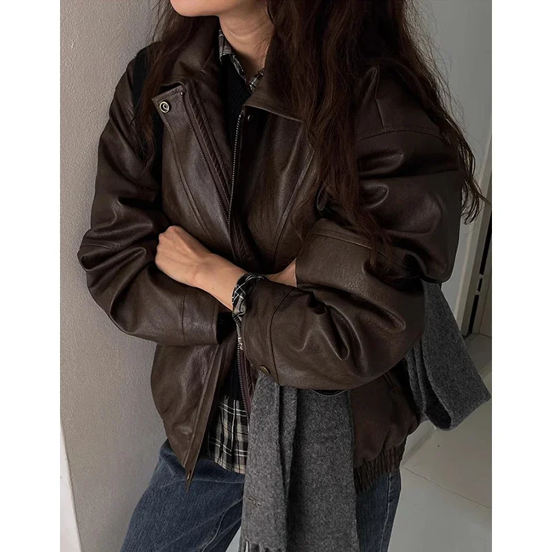 Pu Leather Women 2024 Outerwears Laple Neck Zipper Chaquetas Mujer Motorcycle Jacket Korean Loose Jackets All-match Ropa