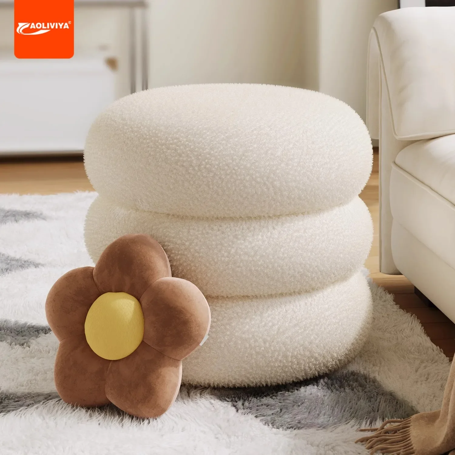 AOLIVIYA taburete redondo familiar para sala de estar, taburete pequeño de lana de cordero, taburete de sofá para niños de celebridades de Internet, entrada de puerta baja A2