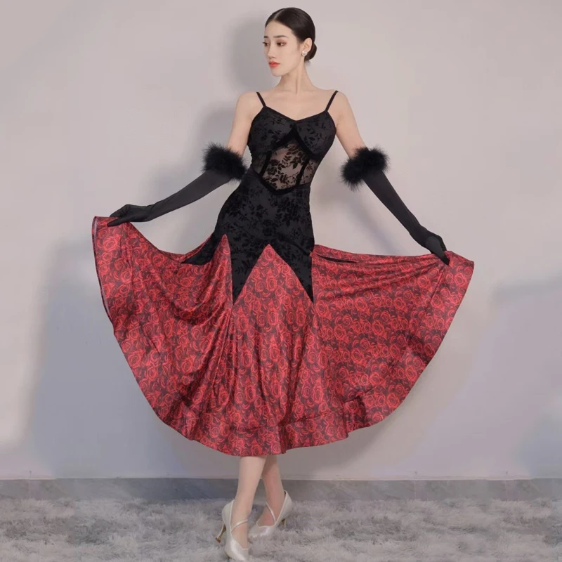 

Modern Dance Dress For Women Lace Printing Two-Color Stitching With Feather Gloves Female Waltz Ballroom Dance Dress DN14438