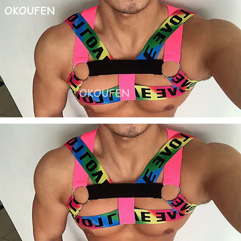 Original Design Men\'s Rainbow Love Chest Strap Sexy Shoulder Strap Harness Songkran festival Gogo Costumes