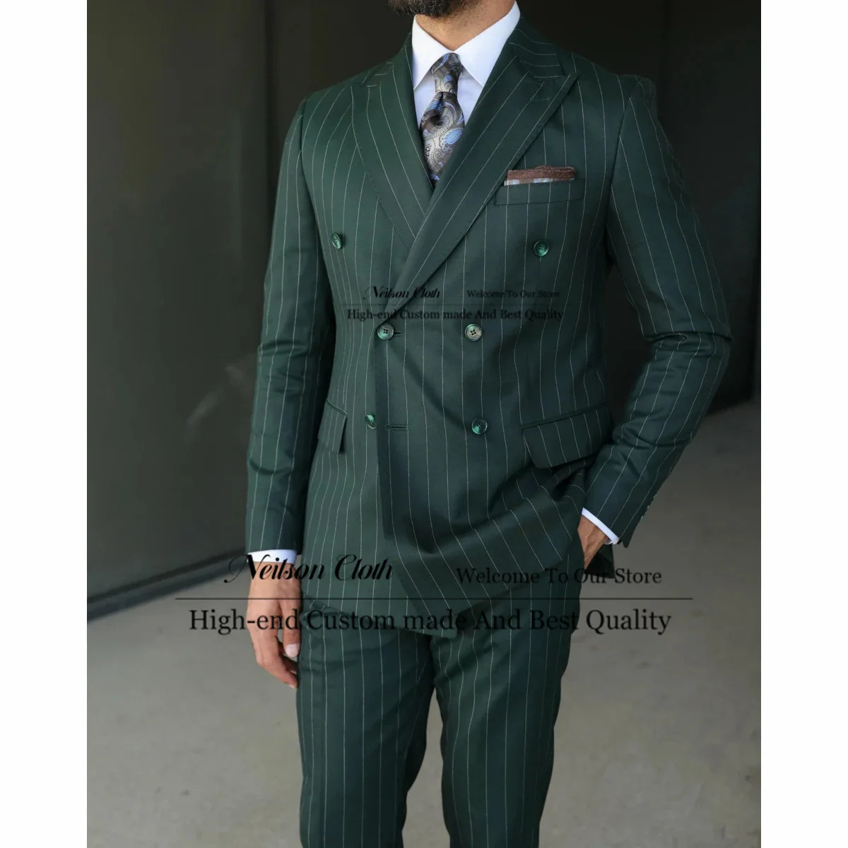 Green Stripe Male Prom Blazers 2 Pieces Sets Peaked Lapel Groom Wedding Tuxedos For Men Slim Fit Double Breasted Terno Masculino