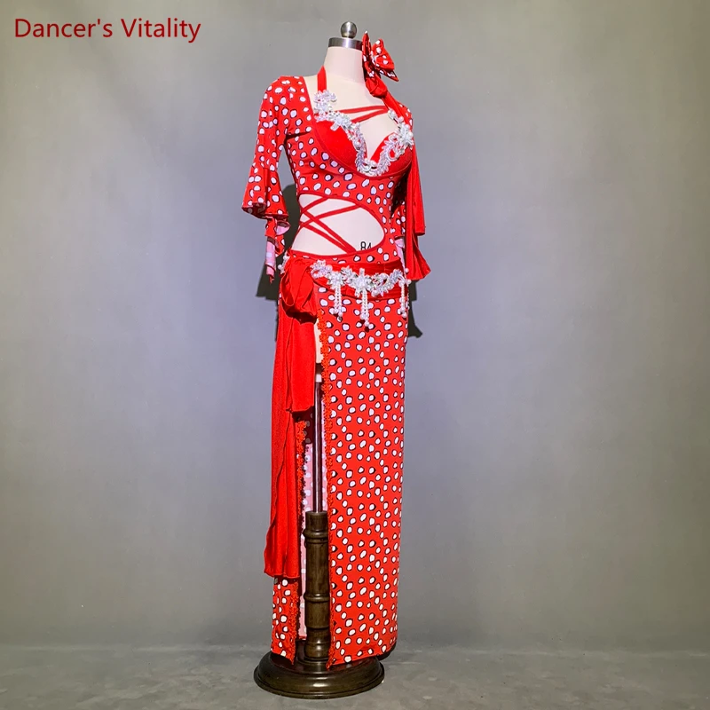 Customized Belly Dance Flared Sleeve Robe Bead Bra Set Women Oriental Indian Drum Dance Group Competition Costume Stage Wear