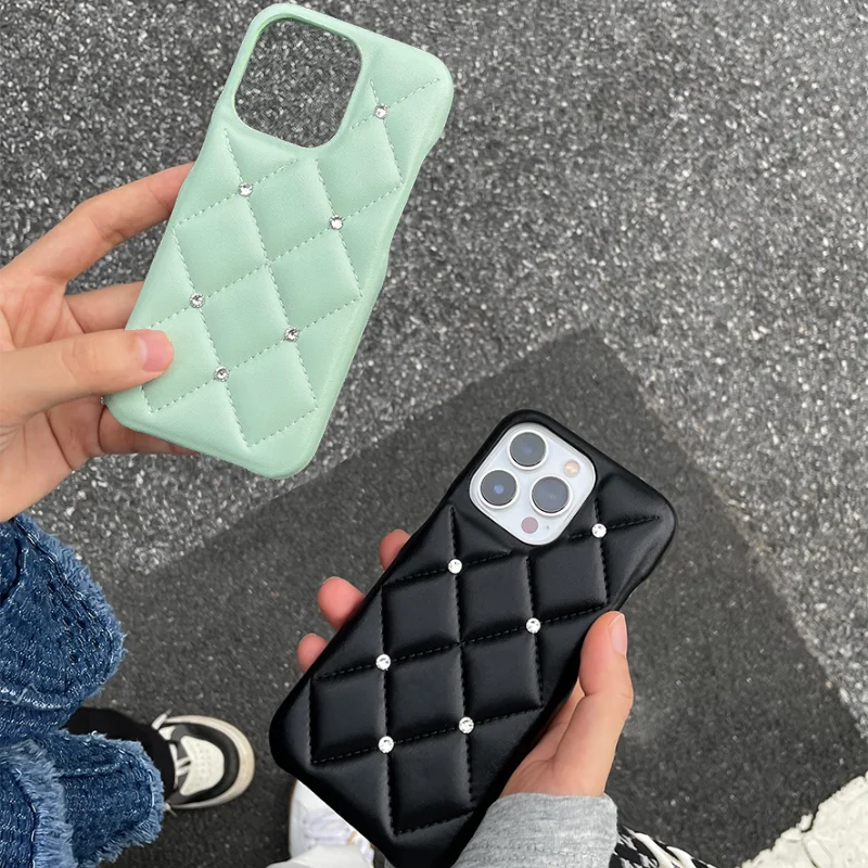 Luxury Glitter Diamond Quilted Case for iPhone 16 Pro Max 11 12 15 Leather Pu PC Hard Cover for iPhone 13 Pro Max 14 pro Fundas