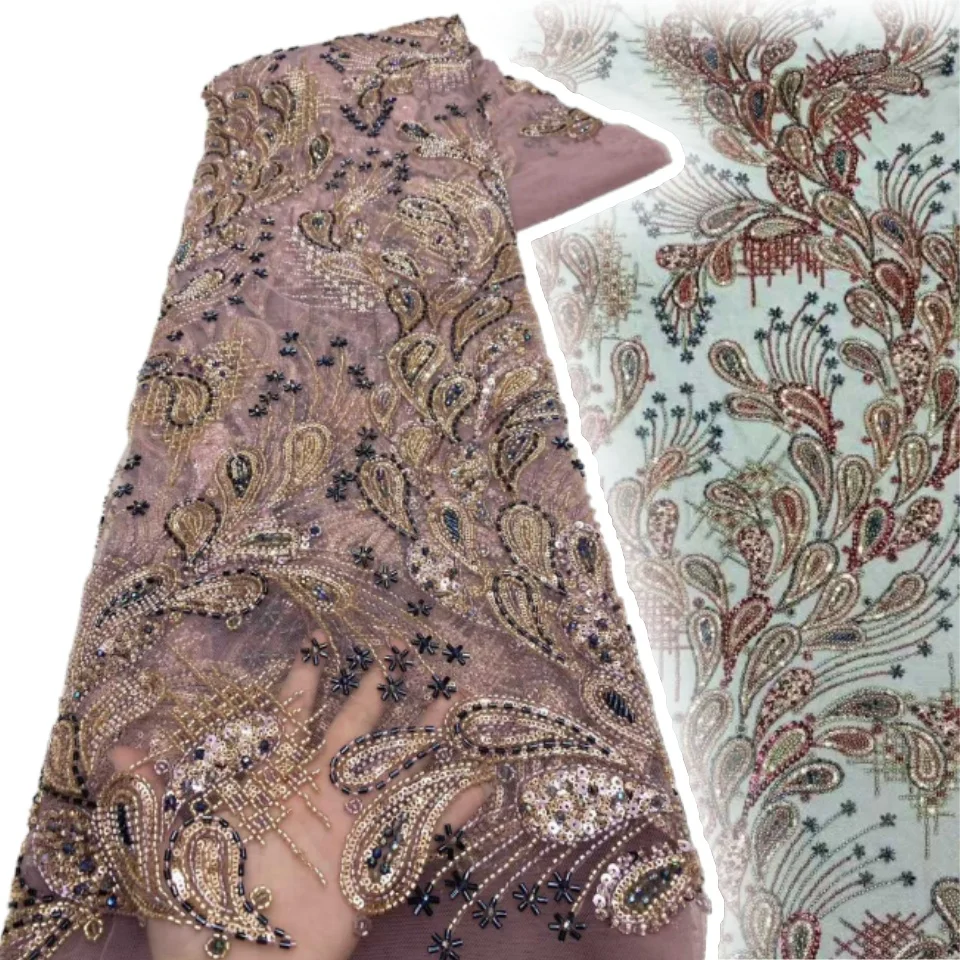 

African Beaded Lace Tulle Fabric Luxury Heavy Handmade Beads Lace Fabric High-End Nigerian Wedding Prom Sewing Party Dress S1241