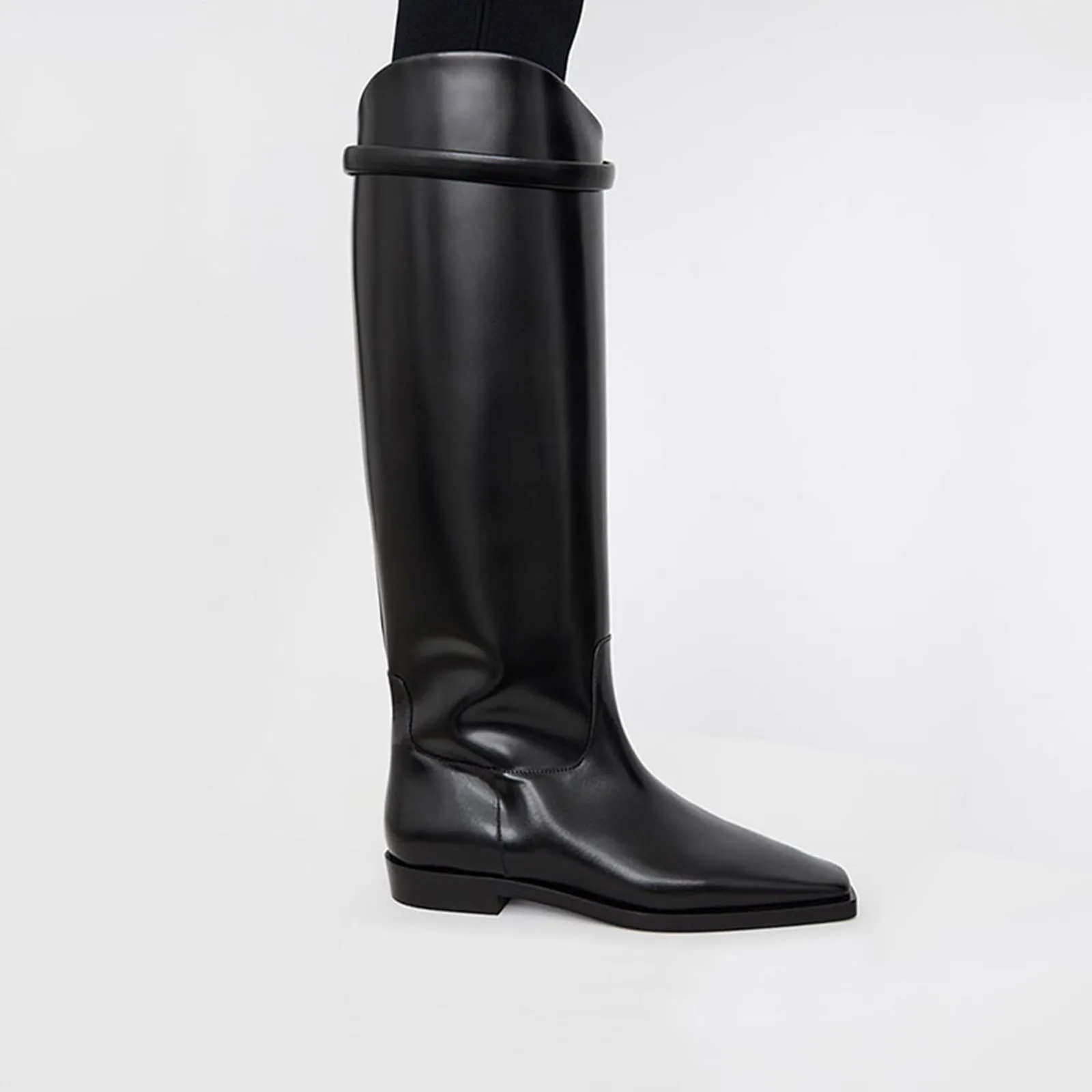 Arden Furtado 2025 Autumn Winter Women\'s Cowhide square heel Knee high boots Square toe Slip-on Riding boots Large size boots