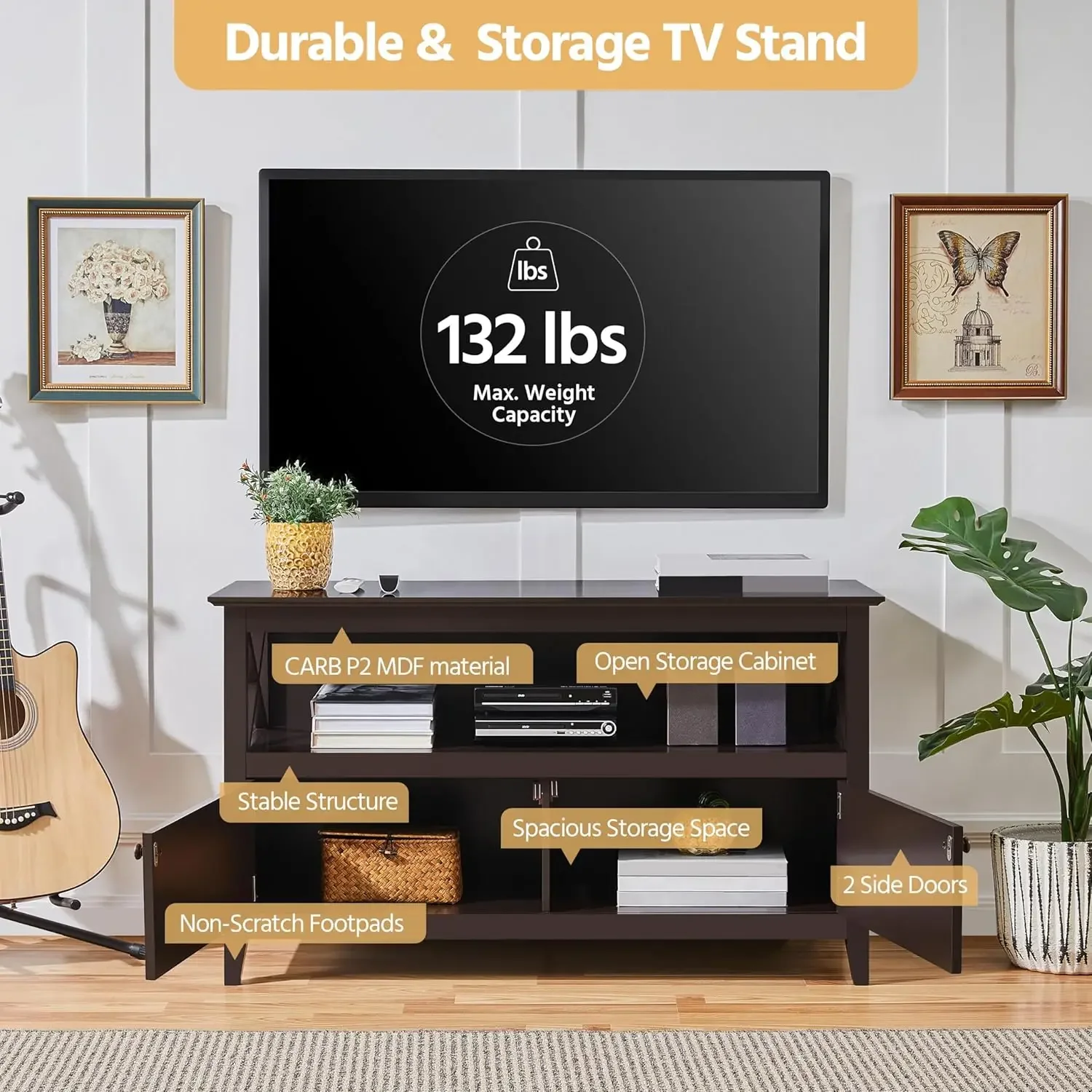 Wooden TV Stand for TVs Up to 50 inch, Media Entertainment Center Table, TV Cabinet Table with Storage Open Shelf