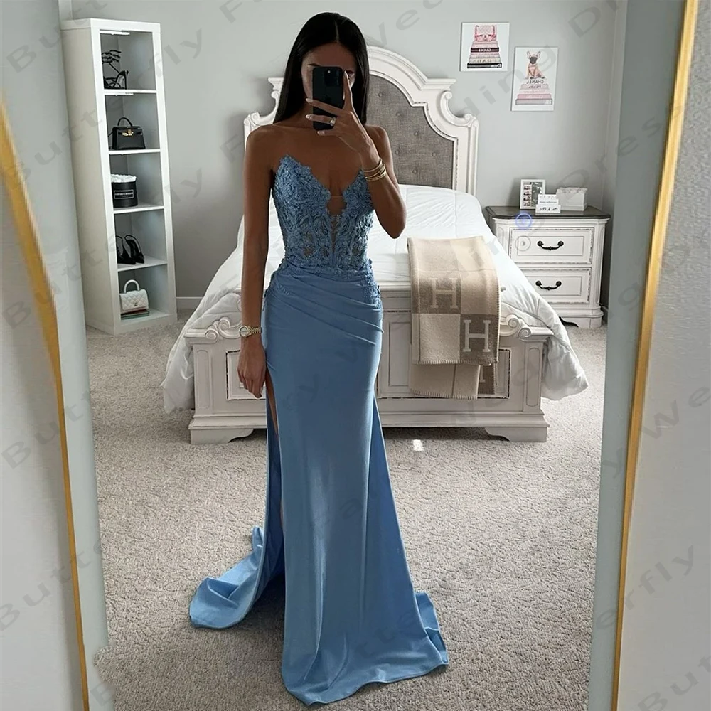 

Mermaid Backless Evening Dresses Beautiful Lace Applique Sexy Off The Shoulder Sleeveless High Slit Simple Mopping Prom Gowns