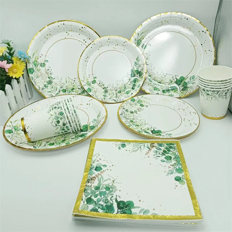 10Pcs Hot Stamping Green Leaf Paper Plate Cup Napkin Happy Birthday Wedding Bridal shower Tea party Baby shower Decor Supplies