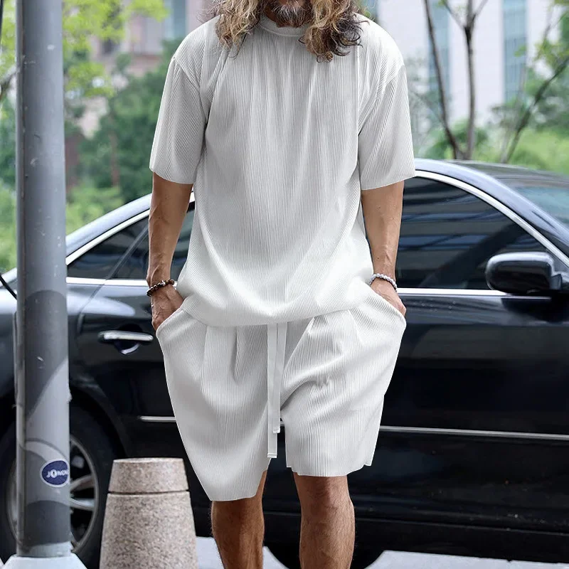 Conjuntos de verano para hombre, conjunto holgado a rayas verticales, pantalones cortos de manga corta, conjunto deportivo informal de dos piezas con cuello redondo para hombre