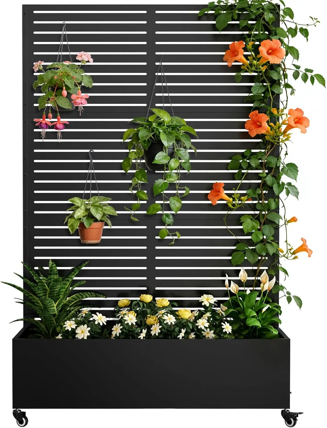 Metal Raised Garden Planter Bed, 72"x47"x16" Outdoor Planter Box with Trellis and Wheels for Climbing Plants, Vegetables