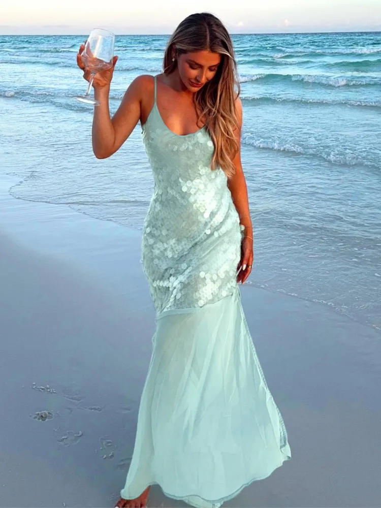 

Beachwear Party Dresses For Woman Backless Evening Dress Sequin Solid Color Spaghetti Strap Patchwork Robe Simple Style Trendy