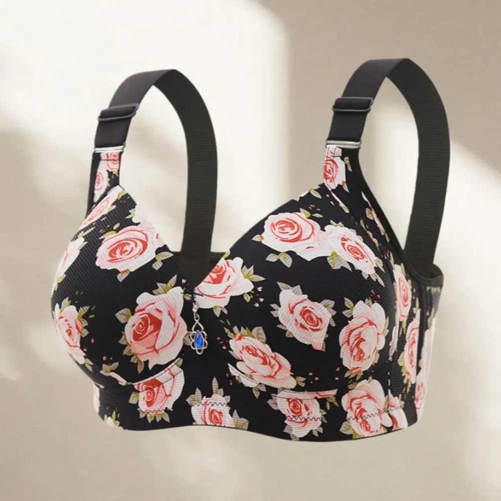 Sujetador de talla grande para madres mayores, ropa interior de encaje ajustada con estampado de rosas, lencería a prueba de golpes, sujetador inalámbrico con escote en V profundo