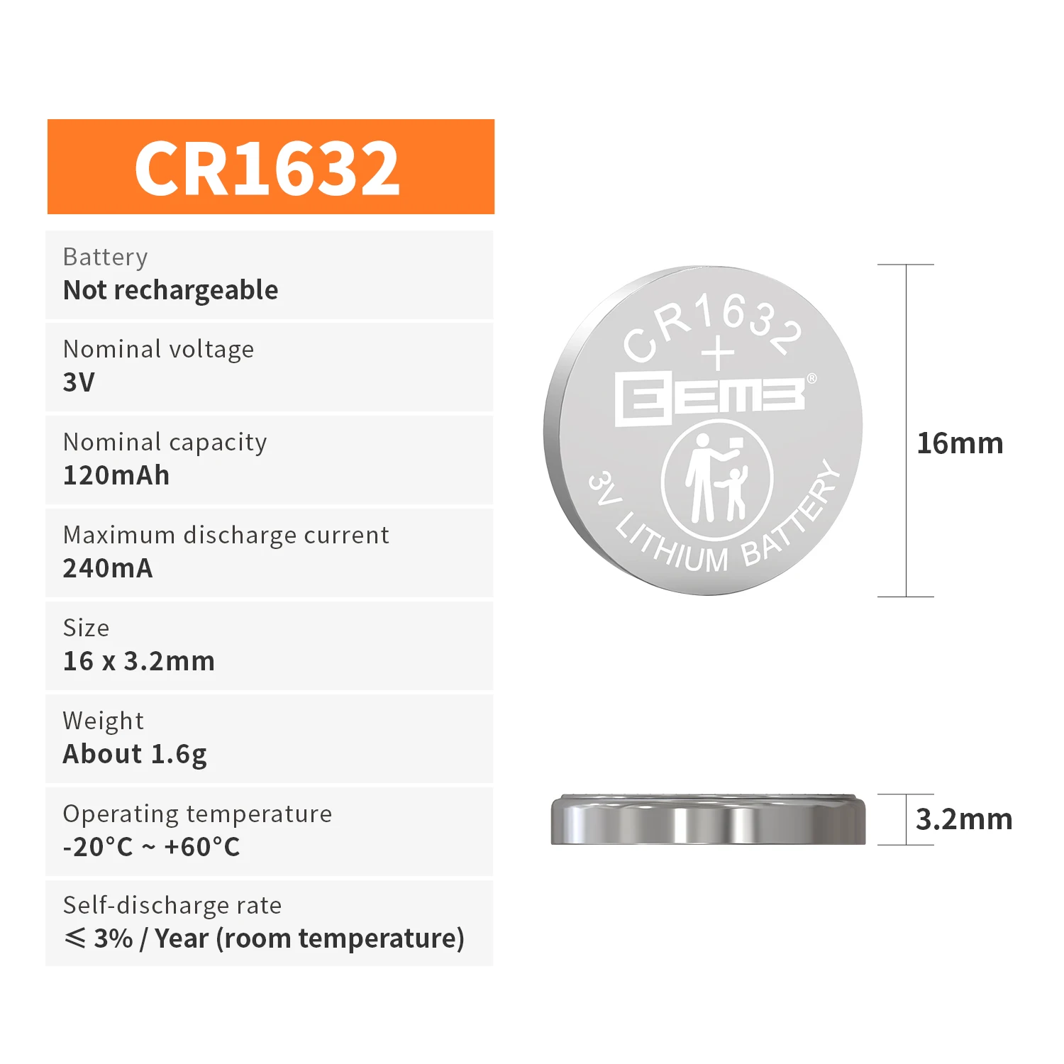 EEMB 5~100PCS CR1632 3V Button Cell Battery 120mAh Lithium Battery Non-Rechargeable Cell Batteries